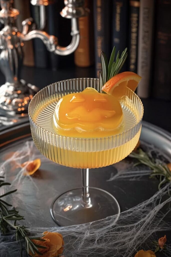 A glass filled with sparkling water and a large Jack-o-Lantern shaped ice cube.