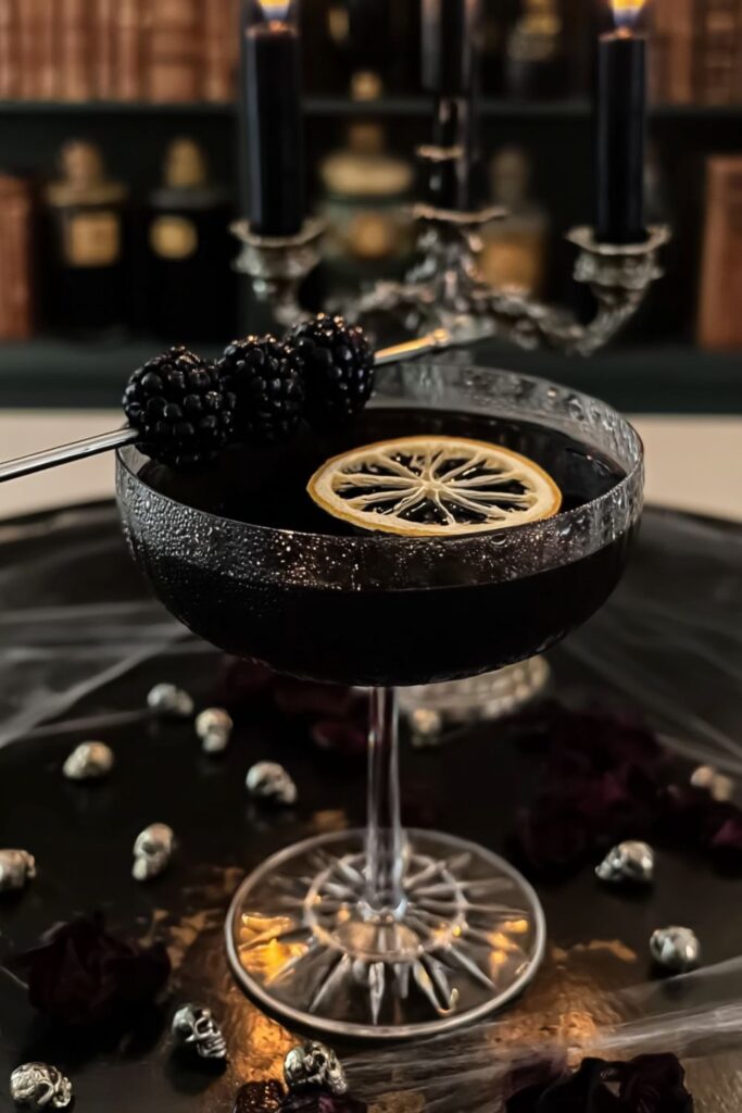 Dark mint drink garnished with a blackberry skewer and dried lemon slice.