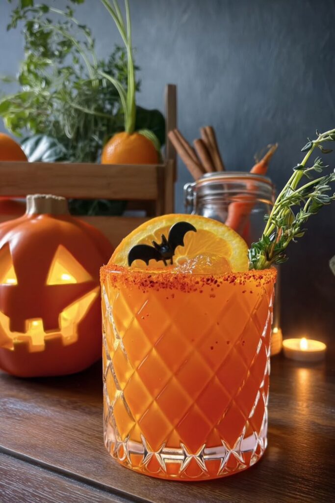Orange carrot juice drink in a glass with a Tajin rim and bat garnish.