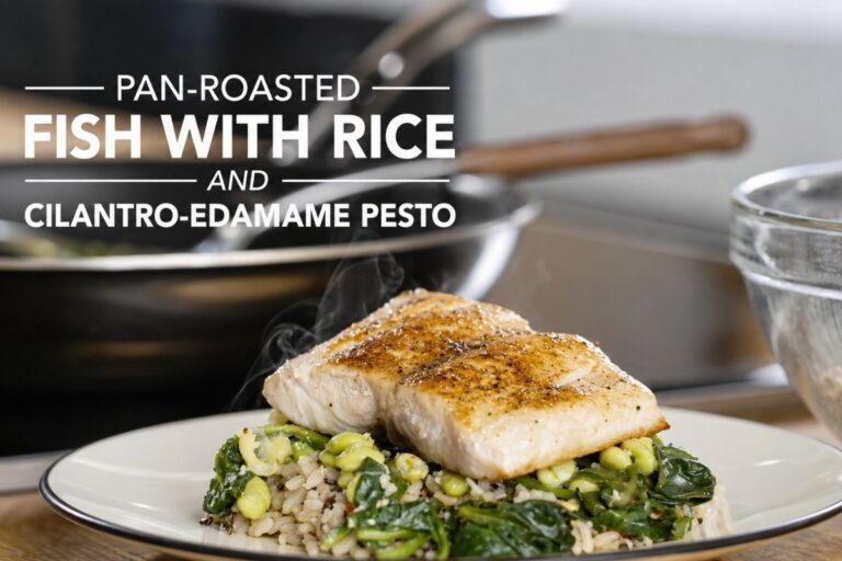 Vibrant and Flavor-Packed Pan-Roasted Fish with Rice and Cilantro-Edamame Pesto