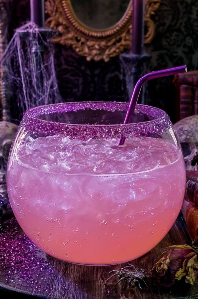 Bright pink punch in a round glass with purple rimming sugar and straw.