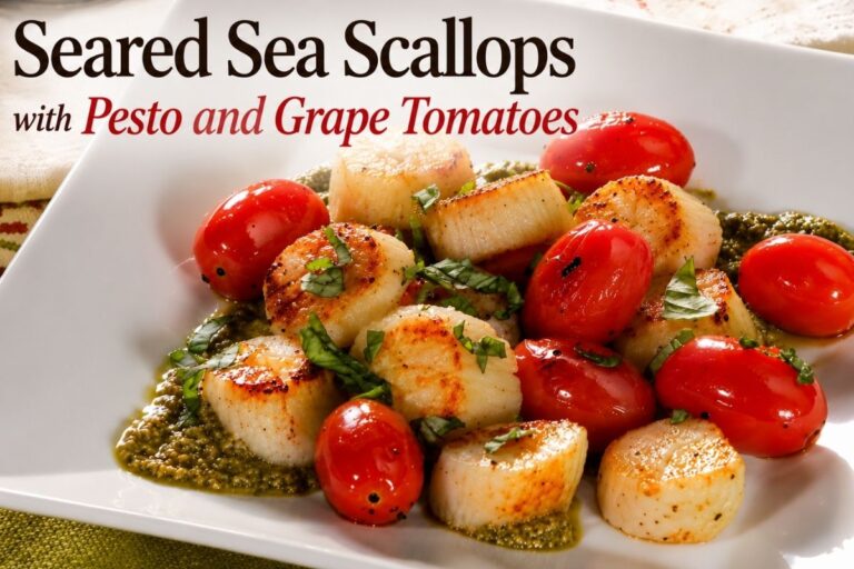 Showstopping Seared Sea Scallops with Pesto and Grape Tomatoes