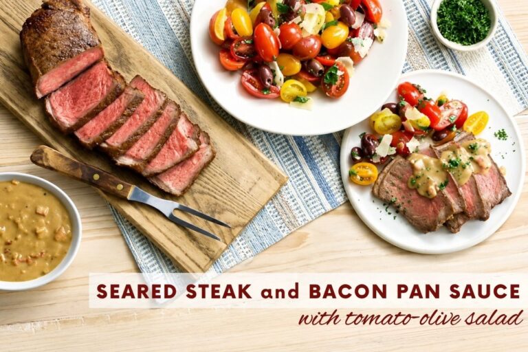 Bold and Luxurious Seared Steak and Bacon Pan Sauce with Tomato-Olive Salad