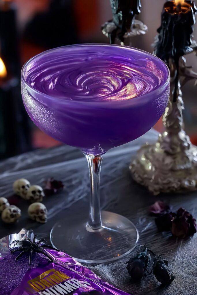 A glowing purple Halloween mocktail in a stemmed glass with a shimmering swirl.