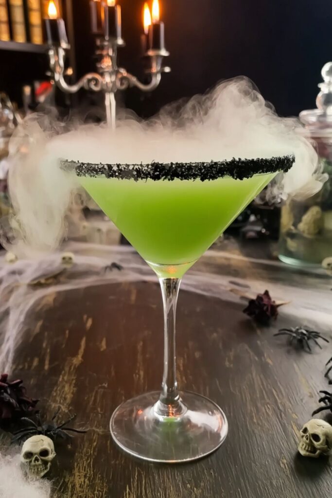 A glowing green martini with a black sugar rim and dry ice fog.