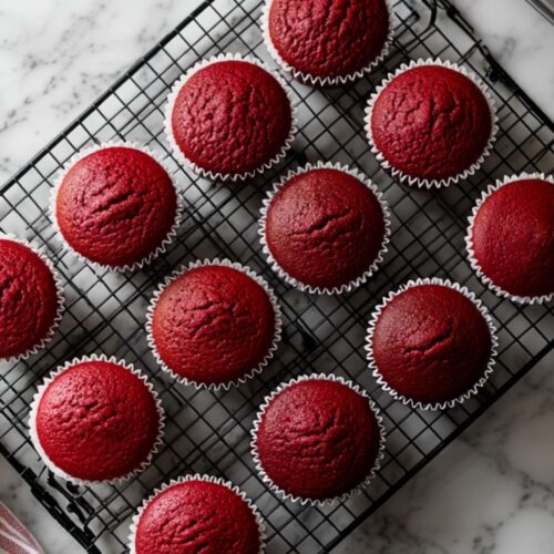 Red velvet cupcakes cooling on a wire rack on a marble surface.