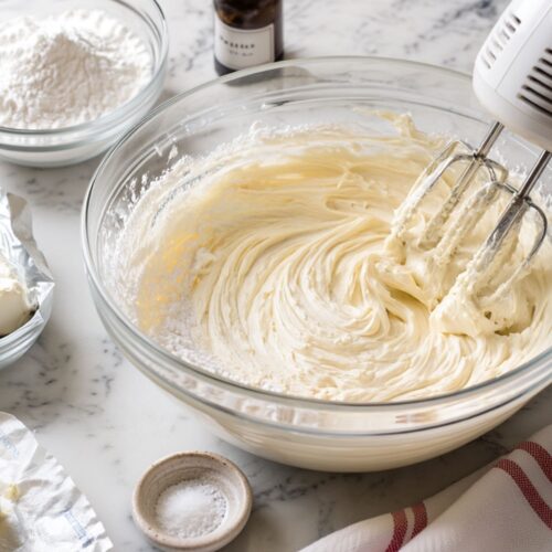 Electric mixer blending white frosting in a glass bowl.