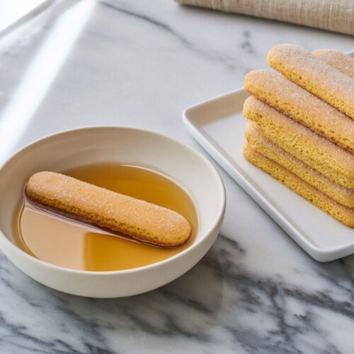 A ladyfinger cookie soaking in a bowl of rum next to a stacked plate.