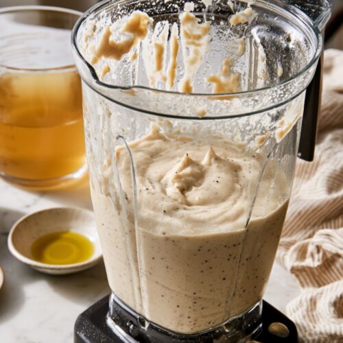 A blender filled with a smooth, creamy white bean mixture and black pepper specks.