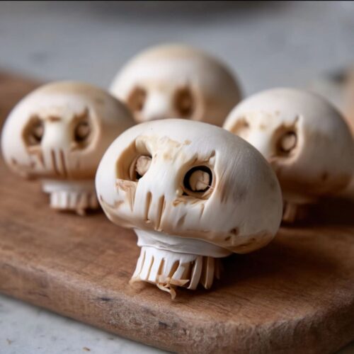 White button mushrooms carved to resemble miniature skulls on a wooden cutting board.