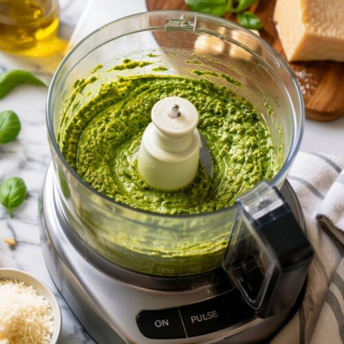 Food processor filled with fresh green pesto surrounded by ingredients on a marble counter.