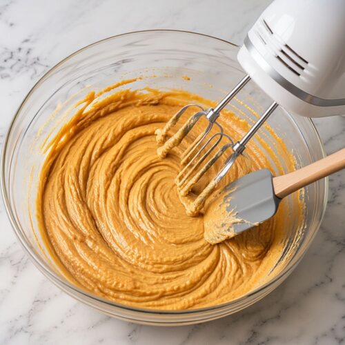A white hand mixer and spatula mixing orange pumpkin cheesecake batter in a glass bowl.