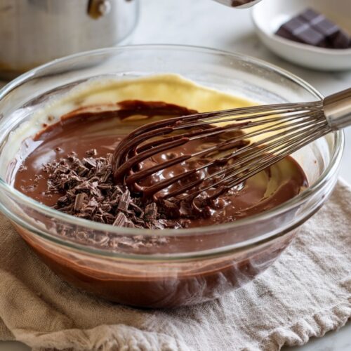 A whisk mixing chopped dark chocolate into a smooth cream inside a glass bowl.