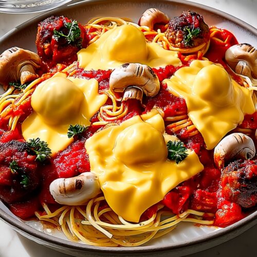 Spaghetti with marinara sauce, meatballs, mushrooms, and melted cheese slices shaped like ghosts.