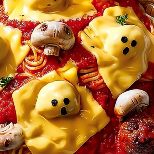 Spaghetti with marinara sauce, meatballs, mushrooms, and melted cheese shaped as ghost faces.