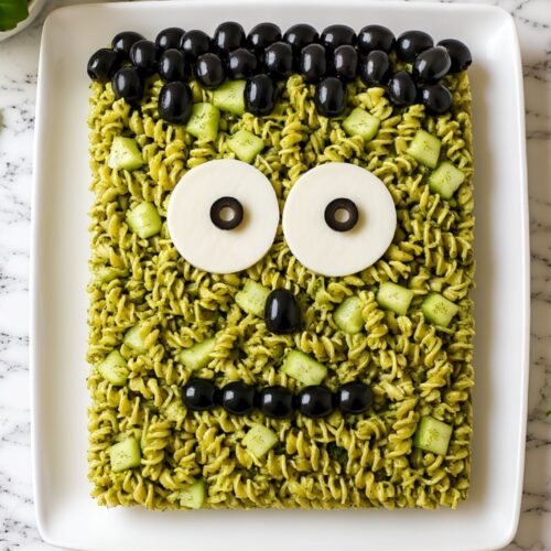 Frankenstein monster face made from pesto pasta, cheese, and olives on a plate.