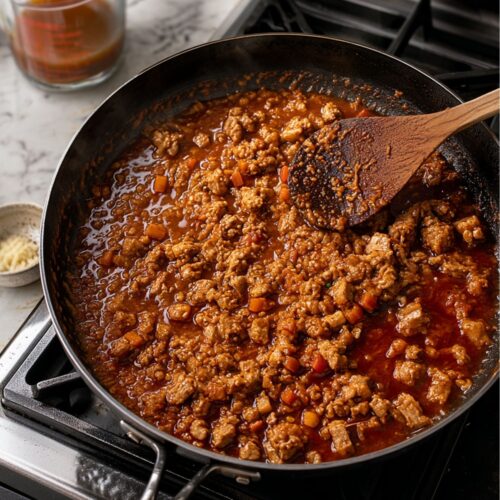 A frying pan on a stove filled with simmering tripe and vegetables being stirred with a wooden spoon.