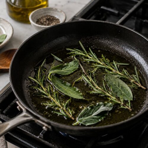 Fresh rosemary and sage leaves frying in oil inside a black skillet on a stove.