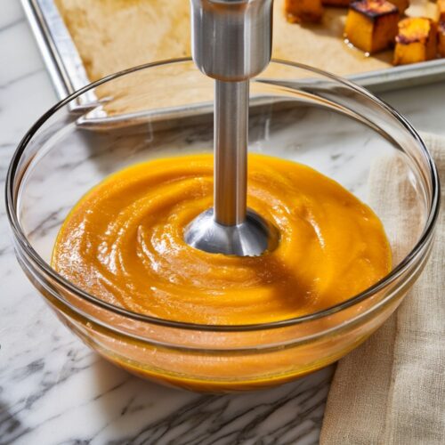 An immersion blender pureeing roasted pumpkin inside a clear glass bowl.