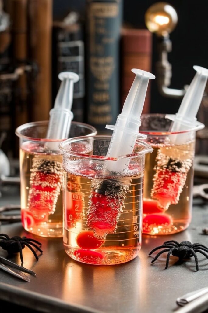 Glass beakers filled with soda and syringes of grenadine for a creepy effect.