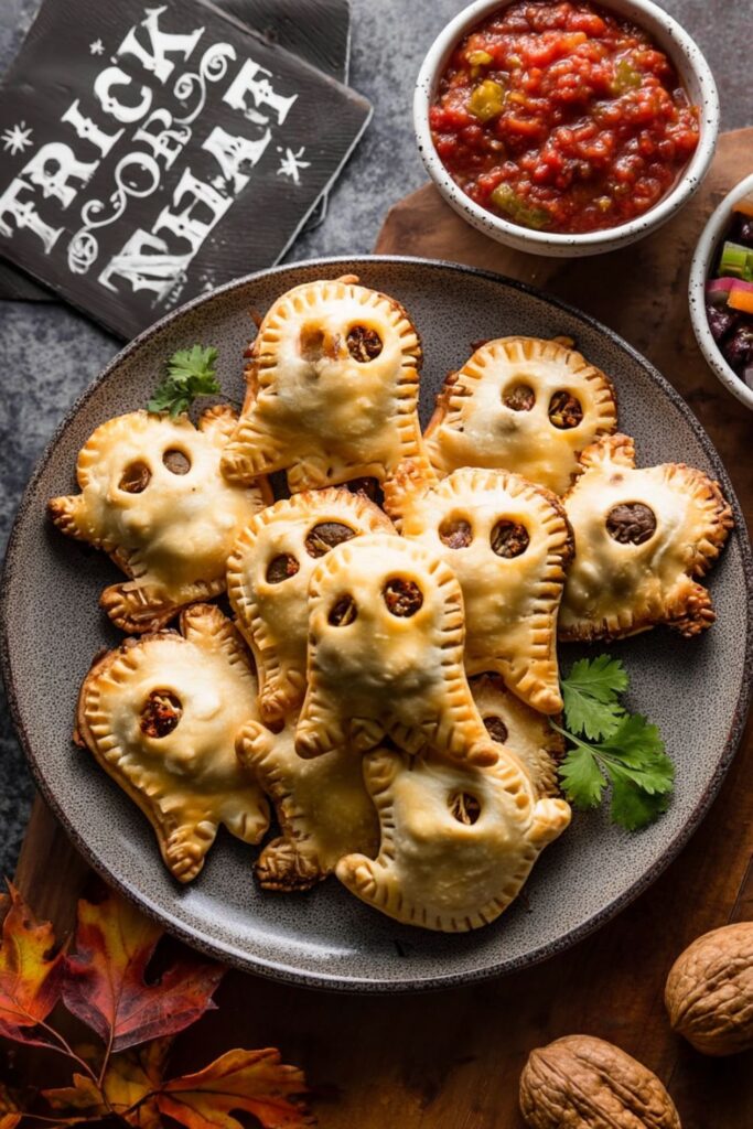 Golden brown ghost shaped hand pies filled with taco meat on a plate.
