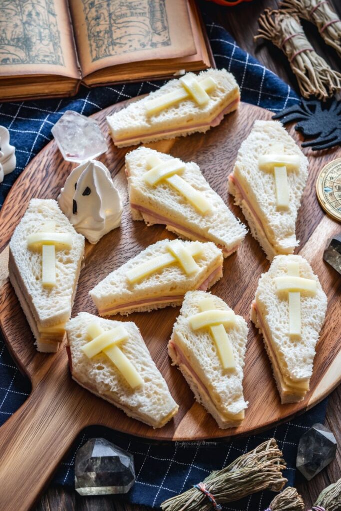 Ham and cheese sandwiches cut into coffin shapes with cheese crosses on a board.