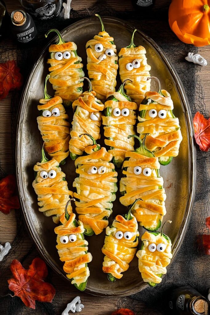 Jalapeno peppers stuffed with cheese, wrapped in dough bandages, and topped with candy eyeballs.
