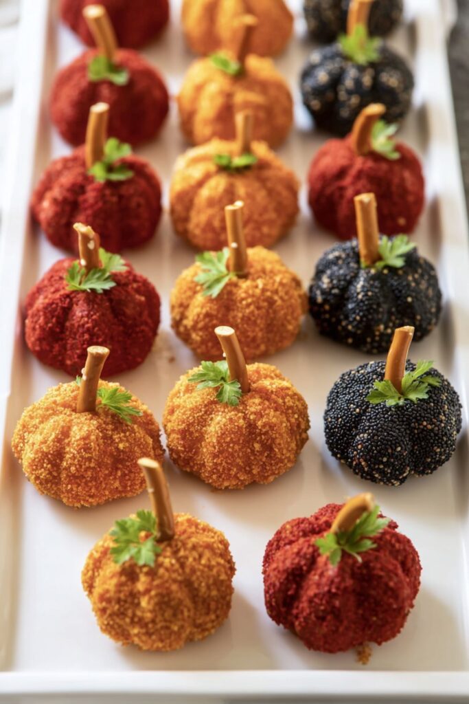 Cream cheese pumpkin shaped balls coated in spices with pretzel stems on a platter.