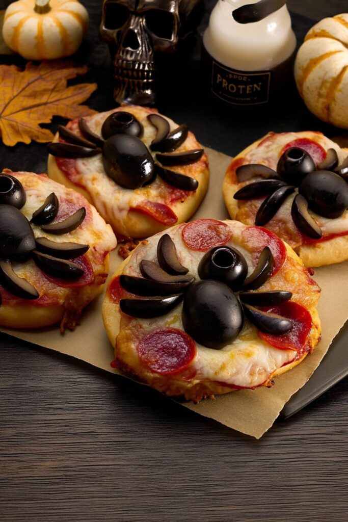Mini pepperoni pizzas topped with black olive spiders on parchment paper.