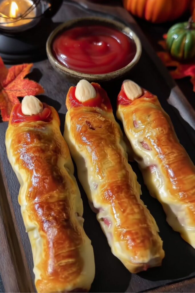 Golden baked puff pastry sausages shaped like severed fingers with almond nails and ketchup.