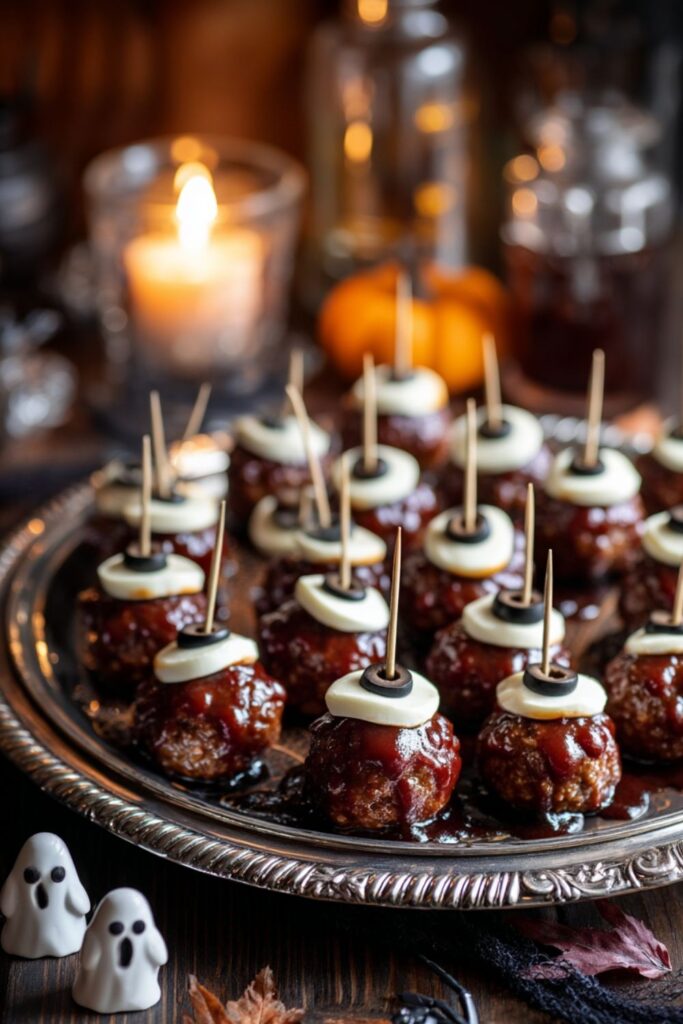 Glossy barbecue meatballs topped with mozzarella and olive eyes on a silver platter.