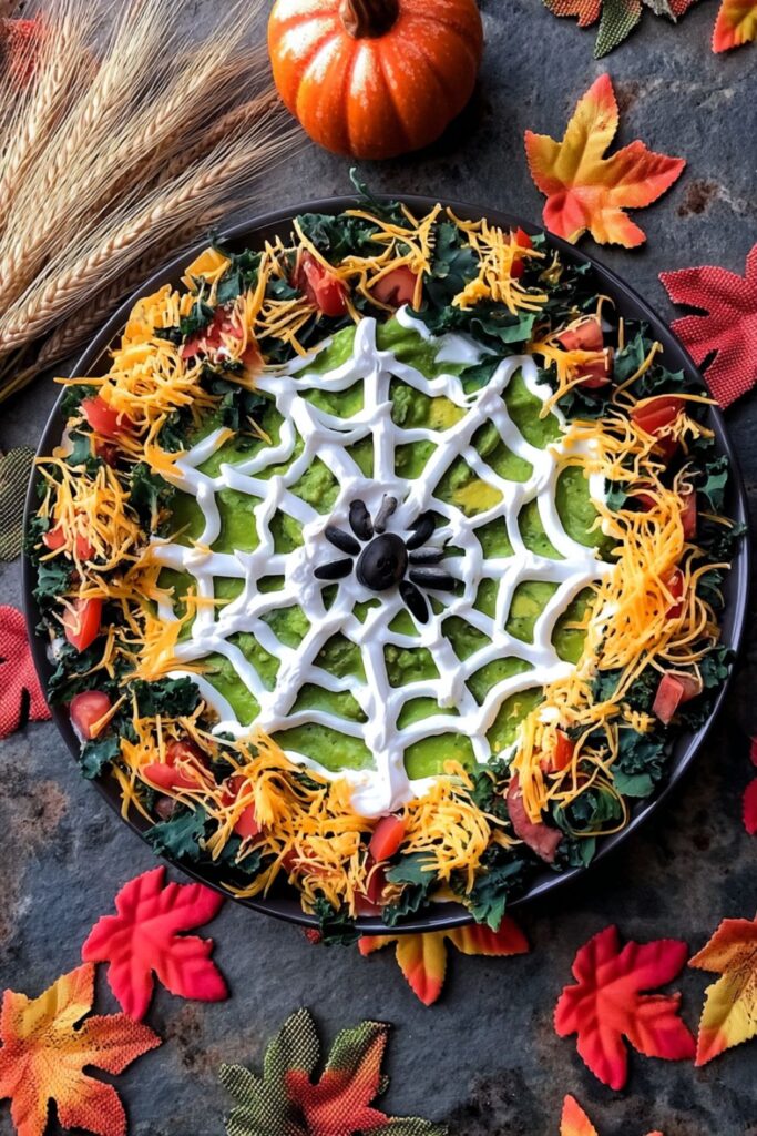 Layered taco dip topped with a sour cream spider web and olive spider.