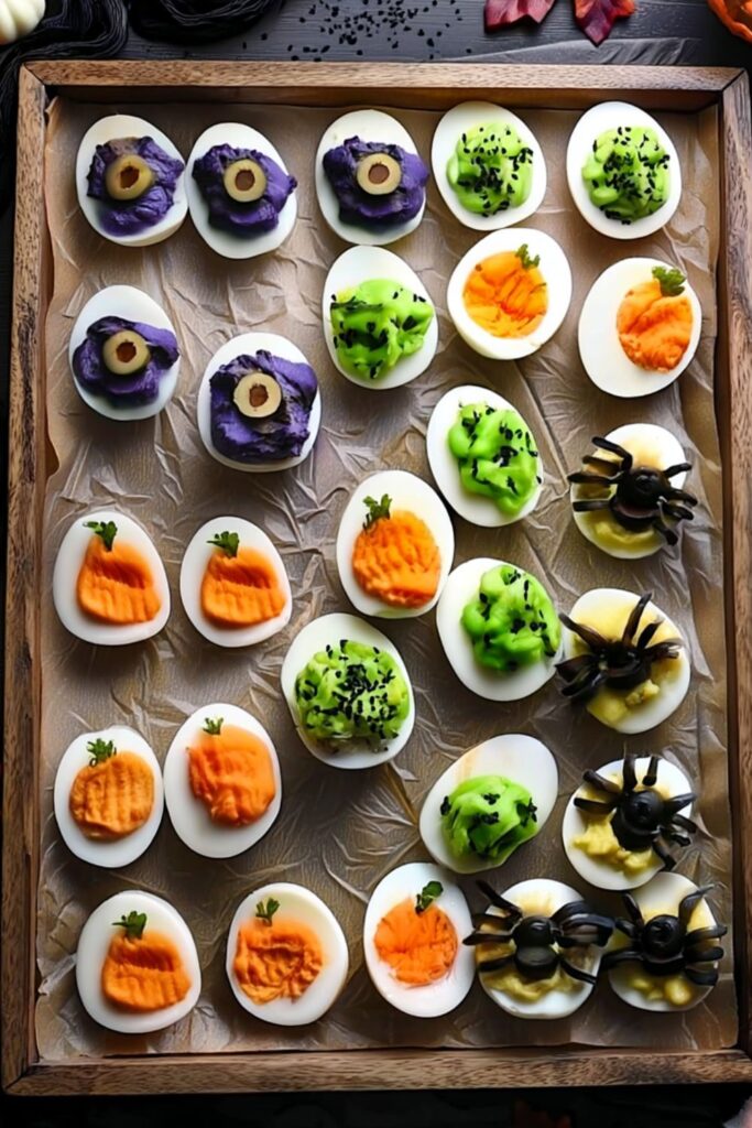 Colorful deviled eggs decorated as eyeballs, pumpkins, and spiders on a wooden board.