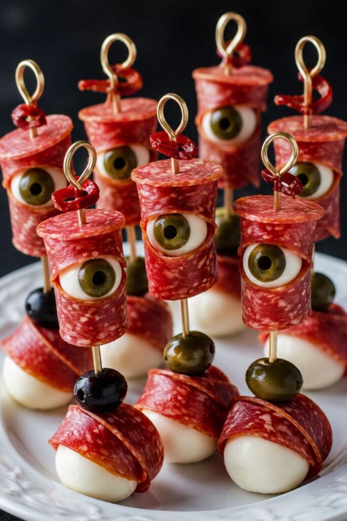 Mozzarella balls and pepperoni skewers styled like spooky eyeballs on a white plate.