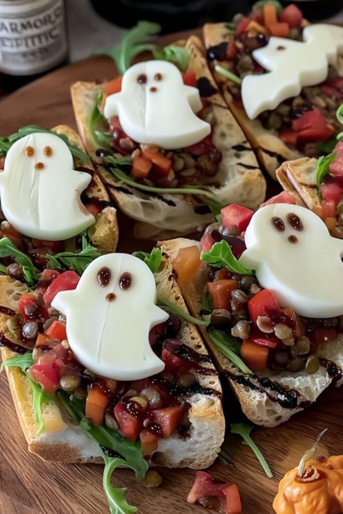 Toasted baguette slices topped with tomatoes, lentils, and mozzarella ghosts with balsamic eyes.