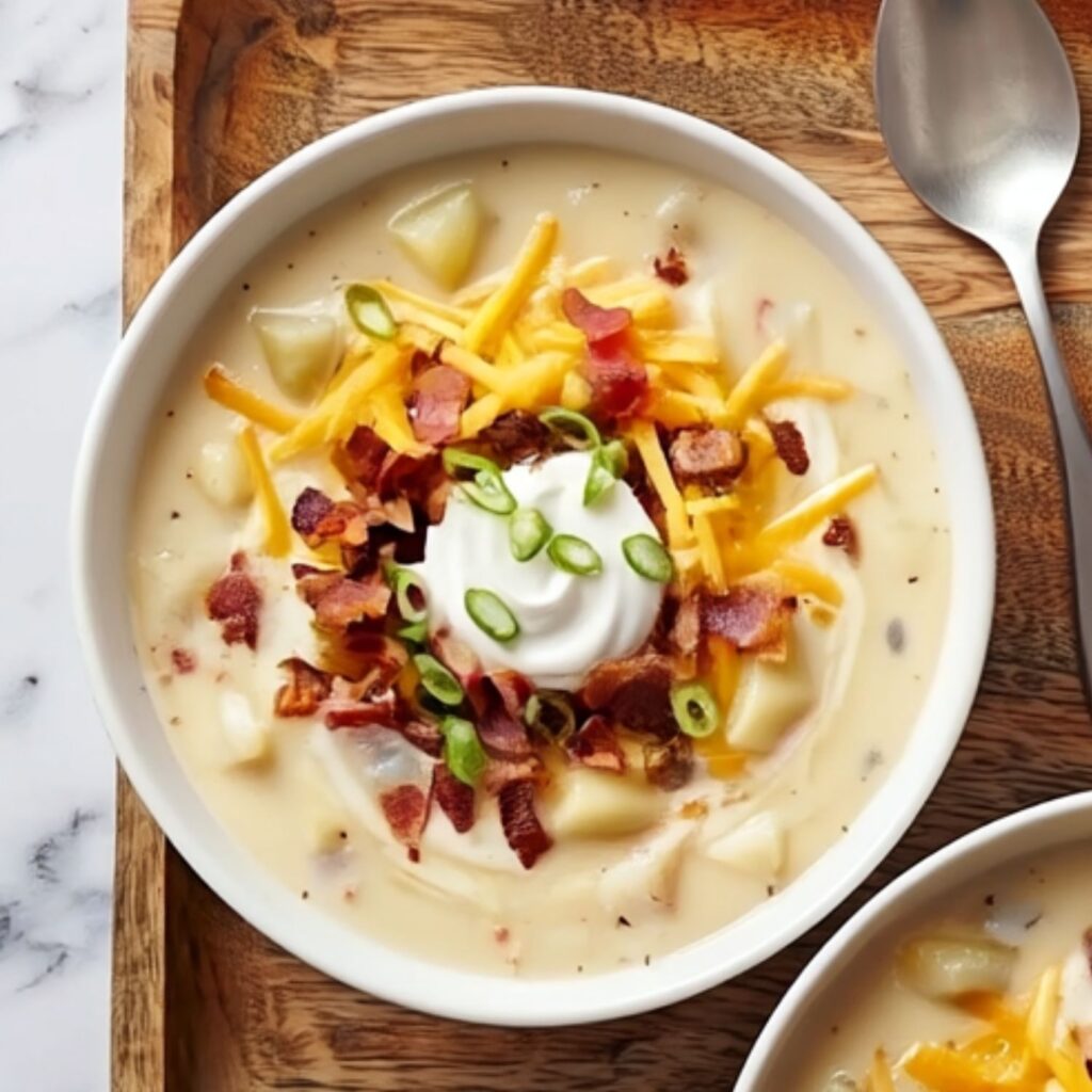 A bowl of potato soup with bacon, cheese, sour cream, and green onions on a tray.