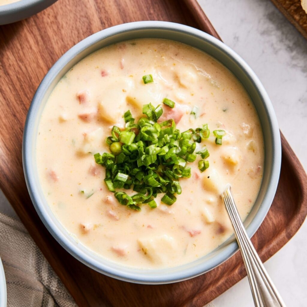 A bowl of creamy potato and ham soup garnished with green onions on a wooden tray.