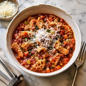 Rustic bowl of Roman-style tripe in tomato sauce, topped with grated Pecorino Romano and fresh mint.
