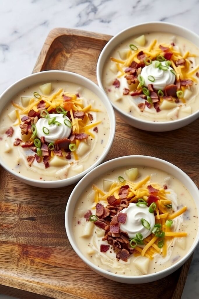 Three bowls of loaded potato soup topped with cheese, bacon, and sour cream on a tray.