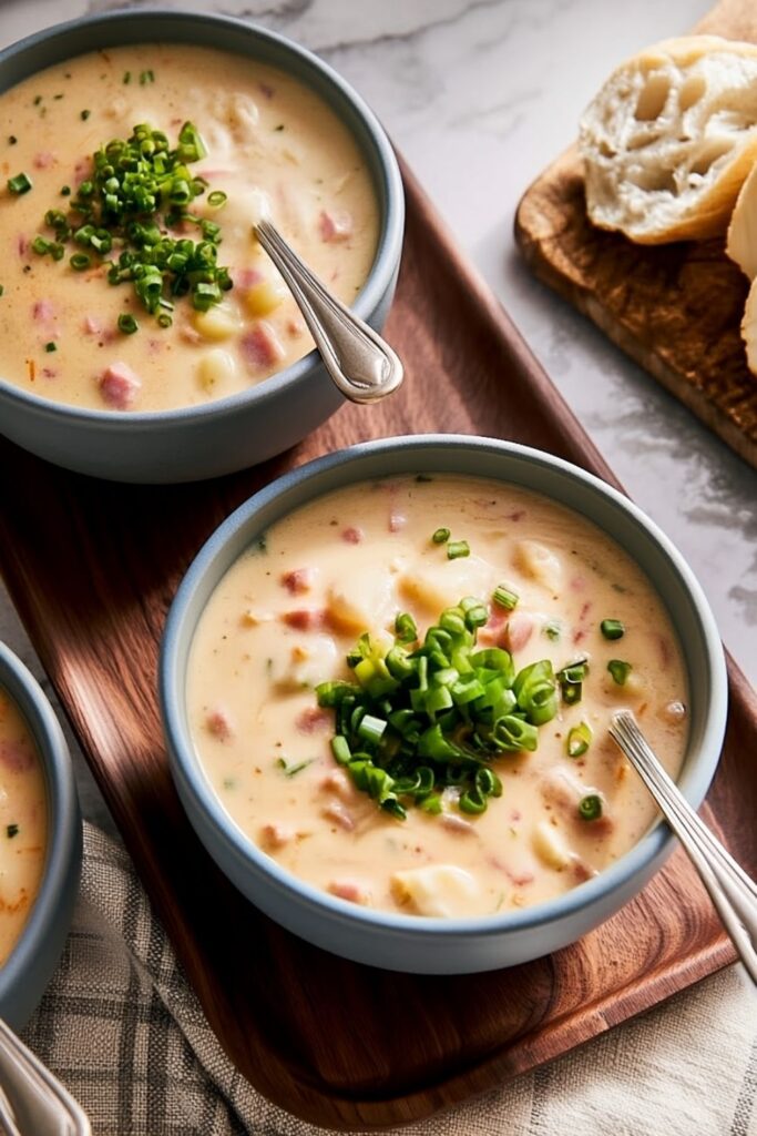Bowls of creamy potato and ham soup, garnished with chives, sit on a wooden tray.