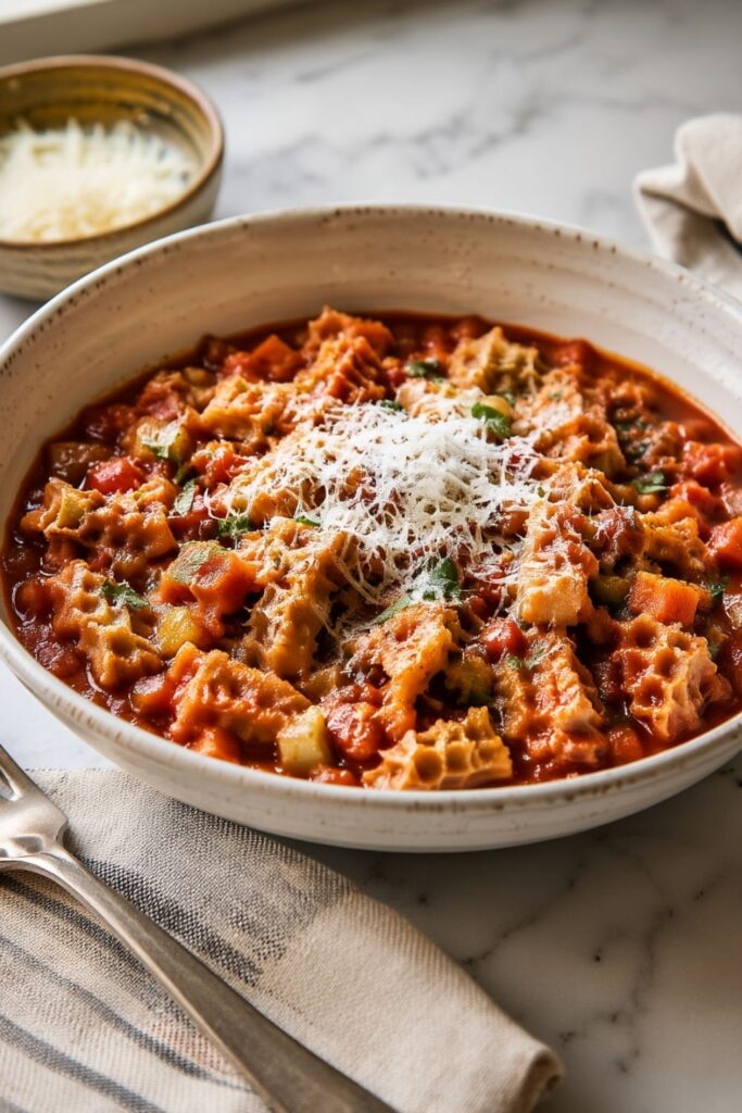 Rustic bowl of Roman-style tripe in tomato sauce, topped with grated Pecorino Romano and fresh mint.