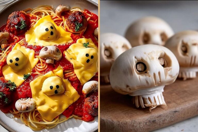 Spooky Halloween Ghost and Skull Pasta with Mushroom Skulls and Melted Cheese Ghosts for a Fun Halloween Dinner