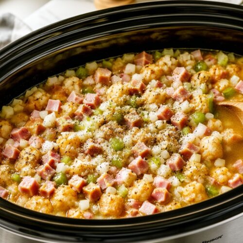 Hashbrowns, diced ham, onions, and seasonings inside a slow cooker.