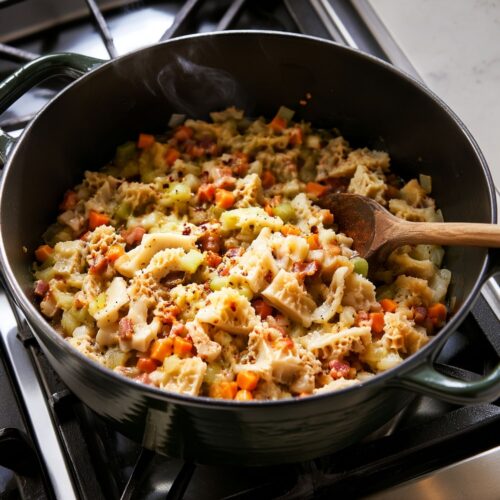 Dark-green Dutch oven filled with tender tripe, pancetta, carrots, celery, onions, and red pepper flakes on a stovetop.