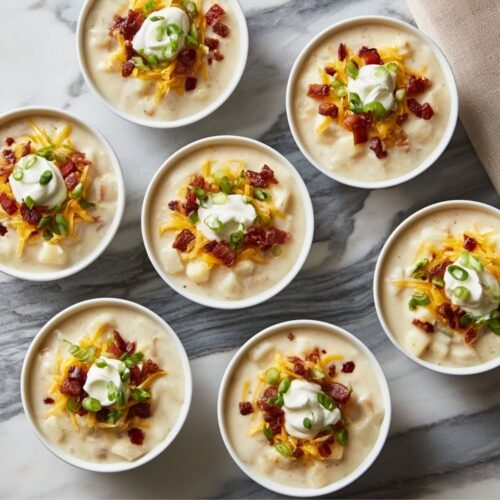 Overhead view of seven bowls of loaded potato soup on a marble surface.