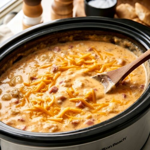 Shredded cheddar cheese melting into a creamy slow cooker soup with ham and potatoes.