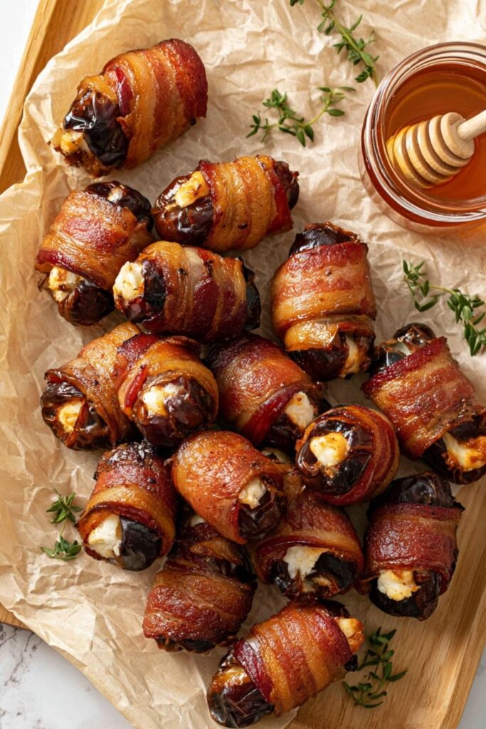 Crispy bacon-wrapped dates stuffed with goat cheese alongside a jar of honey.