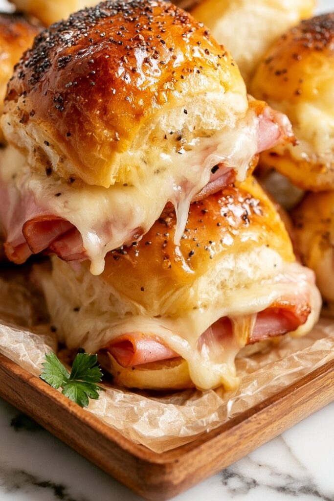Stacked baked ham and swiss sliders with melted cheese and a glossy glaze.