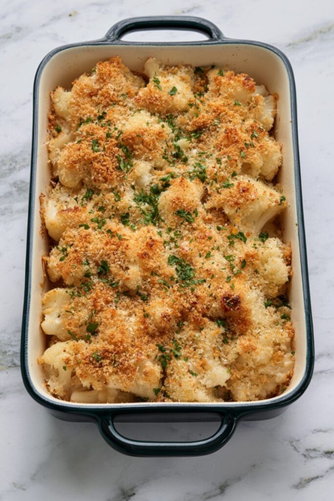 Baked cauliflower florets topped with toasted breadcrumbs, melted butter, and parmesan cheese.