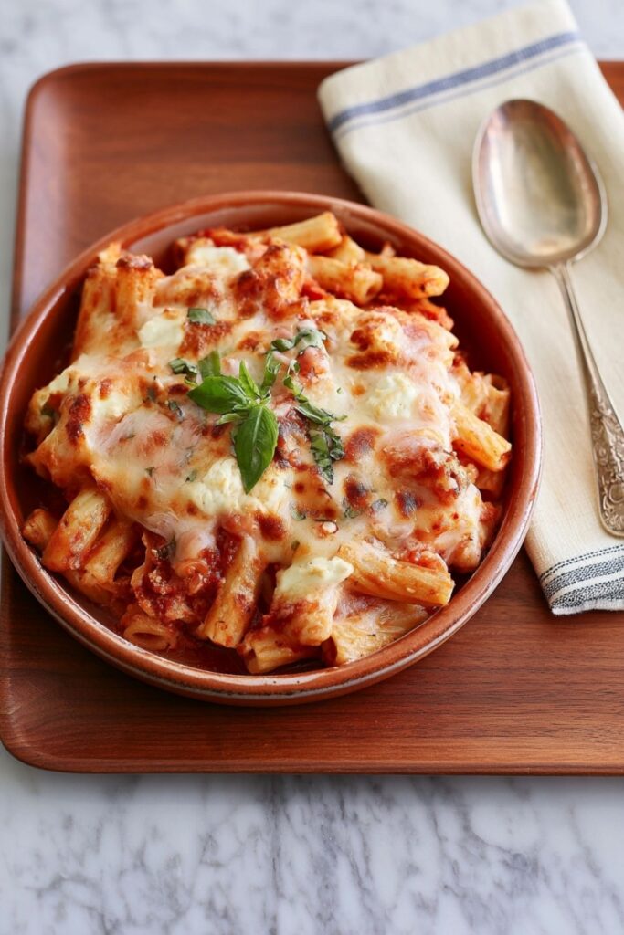 Baked ziti pasta topped with melted mozzarella cheese and fresh basil leaves.